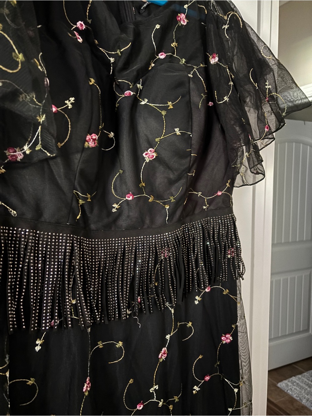 SHEIN Black Maxi Dress with Pink Floral over mesh  and Fringe lined beauty 3x